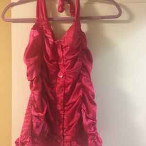 Bright pink silk halter top.